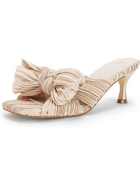 Women's Nude Bow Heel Sandals Pleated Bowknot Heels Open Square Toe Kitten Heel